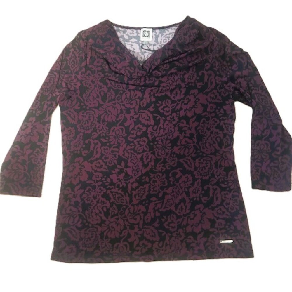 Anne Klein Ladies Top Medium Black Cowl Neck Plum Print 3/4 Sleeves